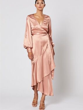 Winona Satin Wrap Midi Dress in Blush Pink SZ 6